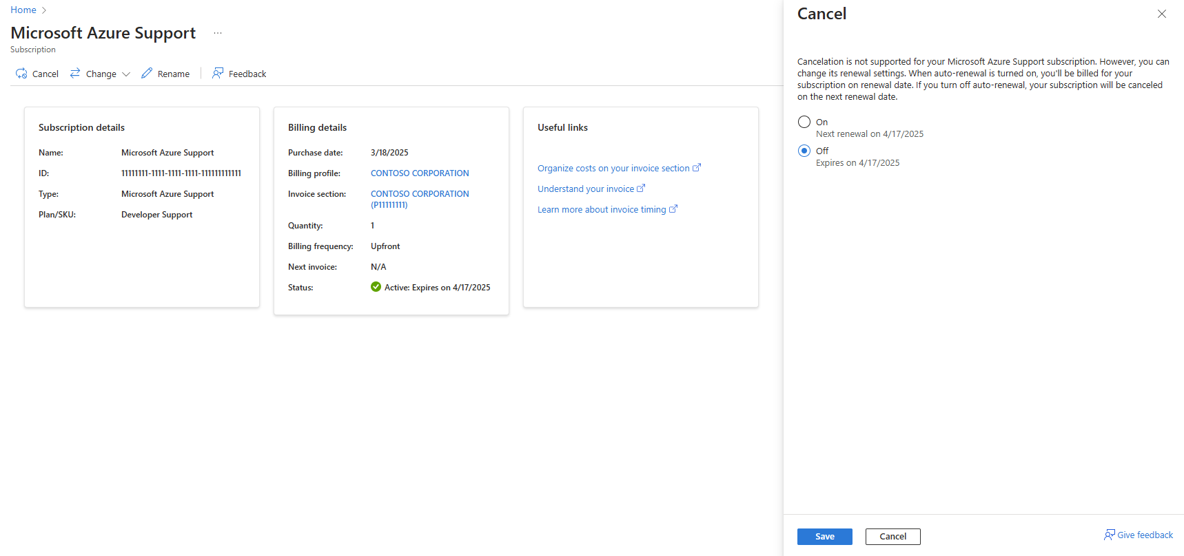 Screenshot for cancel support plan.