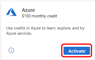 Select Activate to access your subscription. A screenshot of the Azure Monthly credit activation page.