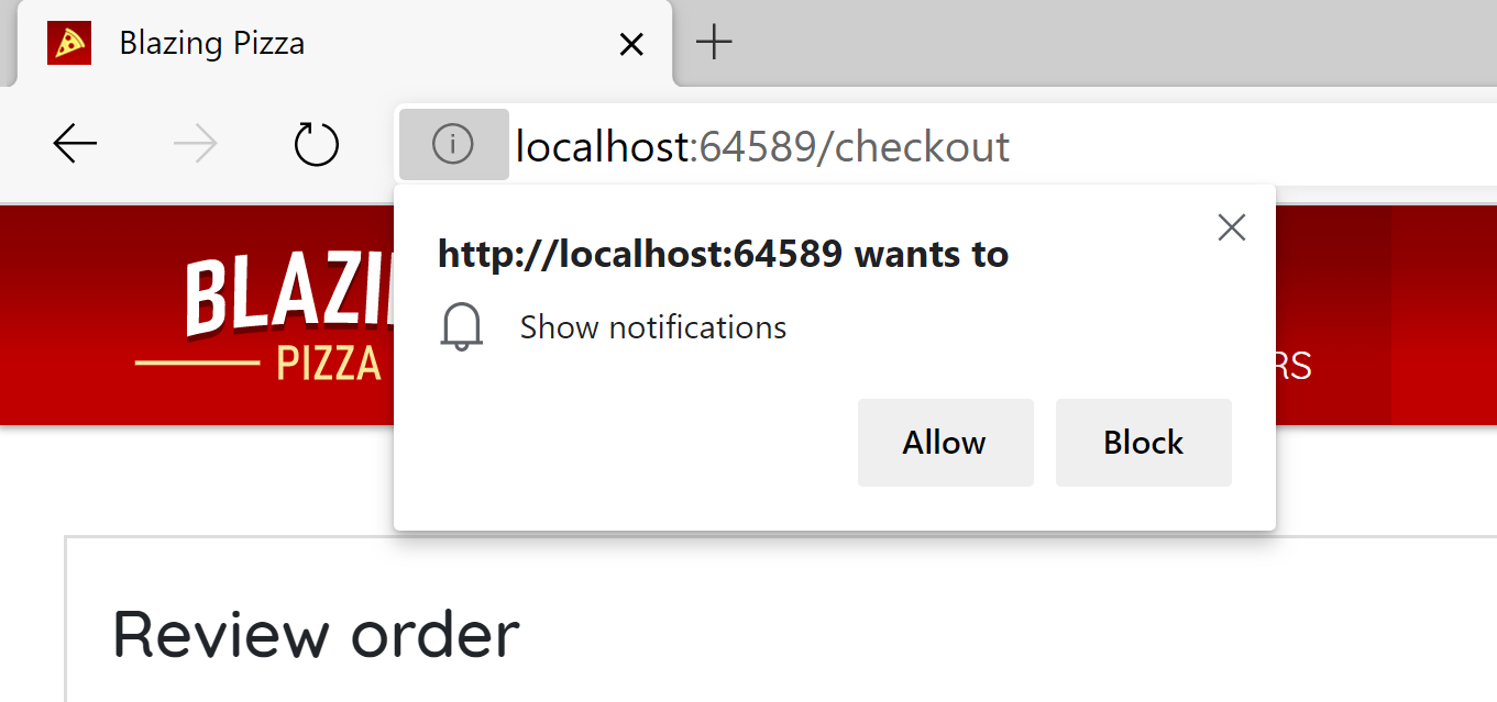 Die Blazing Pizza-App fordert vom Benutzer die Berechtigung zum Anzeigen von Benachrichtigungen an.