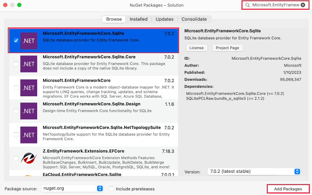 NuGet-Paket für Entity Framework Core hinzufügen