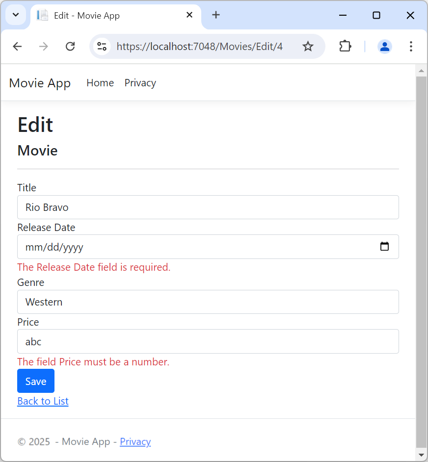 Bearbeitungsansicht bearbeiten: Eine Ausnahme für einen falschen Wert für „Price“ von abc besagt, dass das Feld „Price“ eine Zahl sein muss. Eine Ausnahme für einen falschen Wert des Veröffentlichungsdatums von xyz besagt „Please enter a valid date“.
