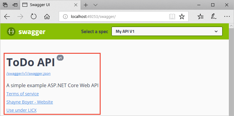 Swagger-Benutzeroberfläche mit Versionsinformationen: Beschreibung, Autor, Link „Mehr anzeigen“.