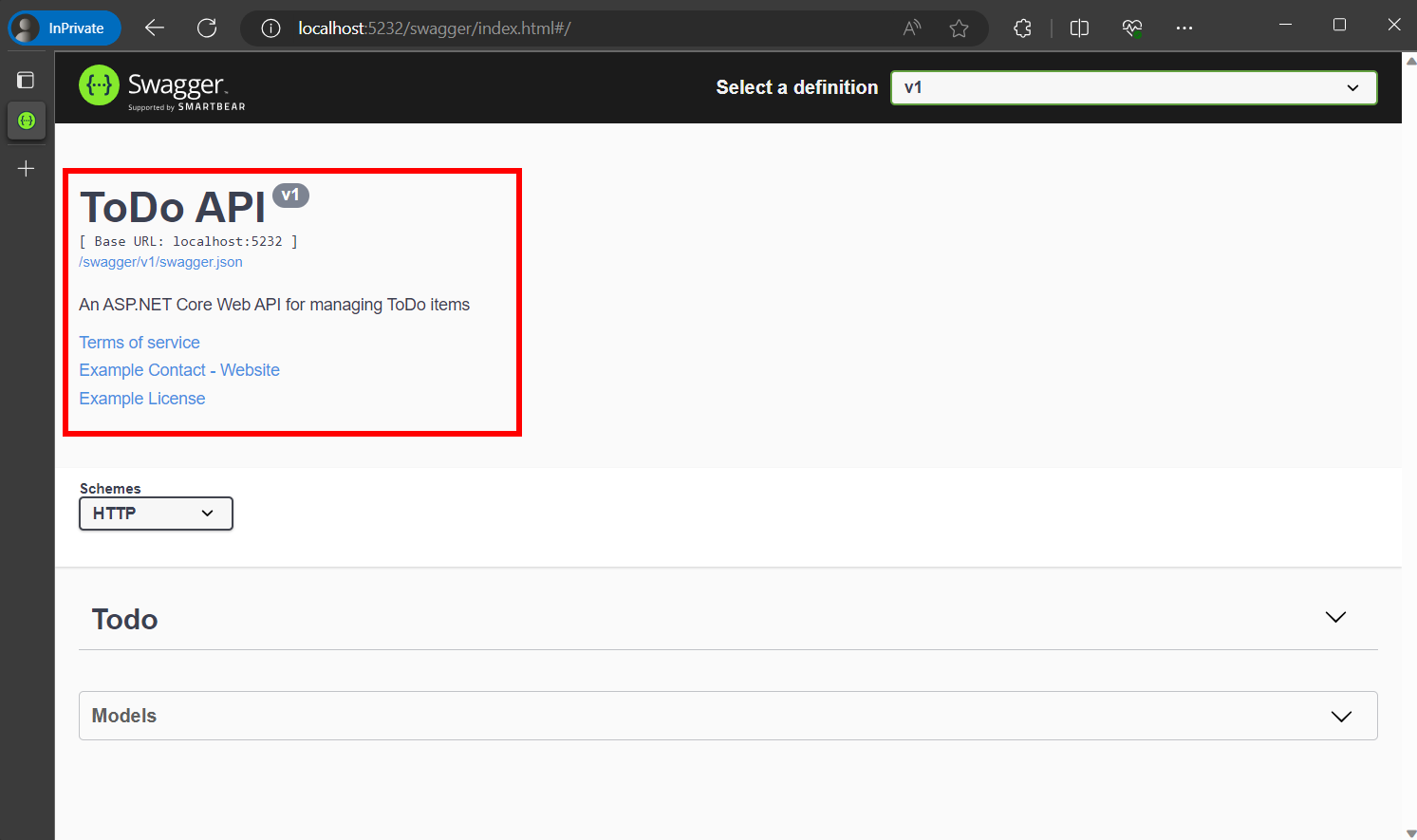 Swagger-Benutzeroberfläche mit Versionsinformationen.