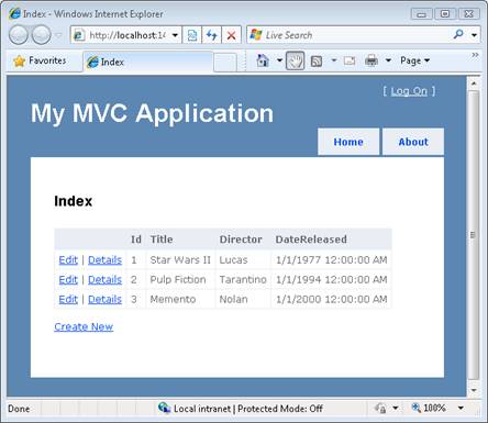 Screenshot der Indexansicht, die Filminformationen einschließlich ID, Titel, Regisseur und Veröffentlichungsdatum anzeigt.