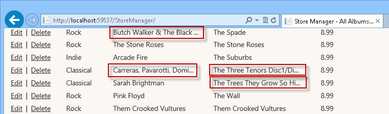 Gekürzte Titel und Künstlernamen