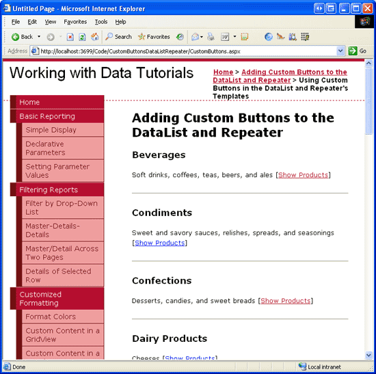 Jeder Name und jede Beschreibung der Kategorie wird zusammen mit einem LinkButton für 