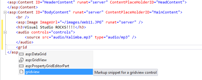 Einfügen einer GridView mit IntelliSense-Listen und teilweisem Abgleich