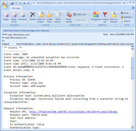 Screenshot der Fehlerdetails, die in der E-Mail-Nachricht gesendet wurden.