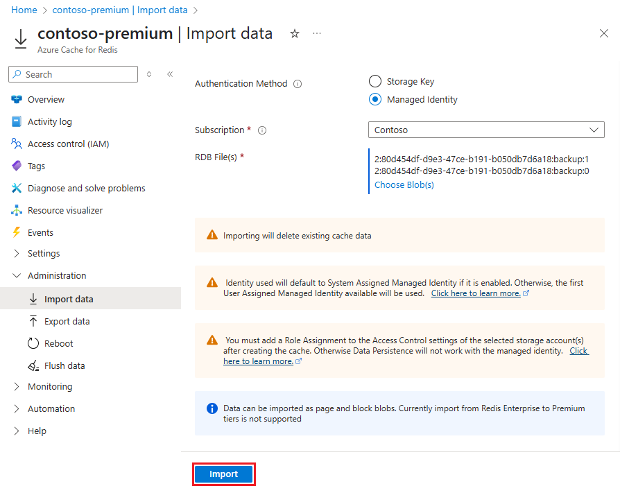 Screenshot: Schaltfläche „Importieren“, durch deren Auswahl der Import gestartet werden kann