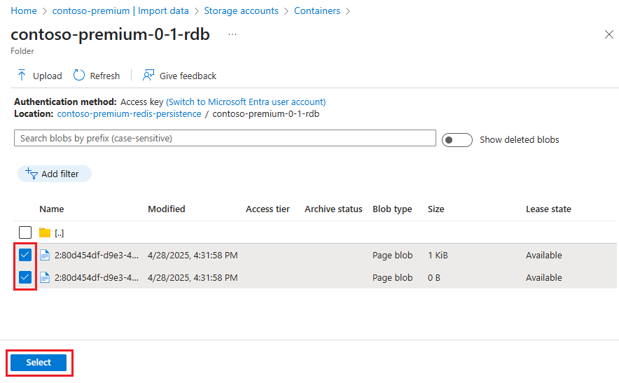 Screenshot, der zeigt, wie Blobs aus dem Container ausgewählt werden. 