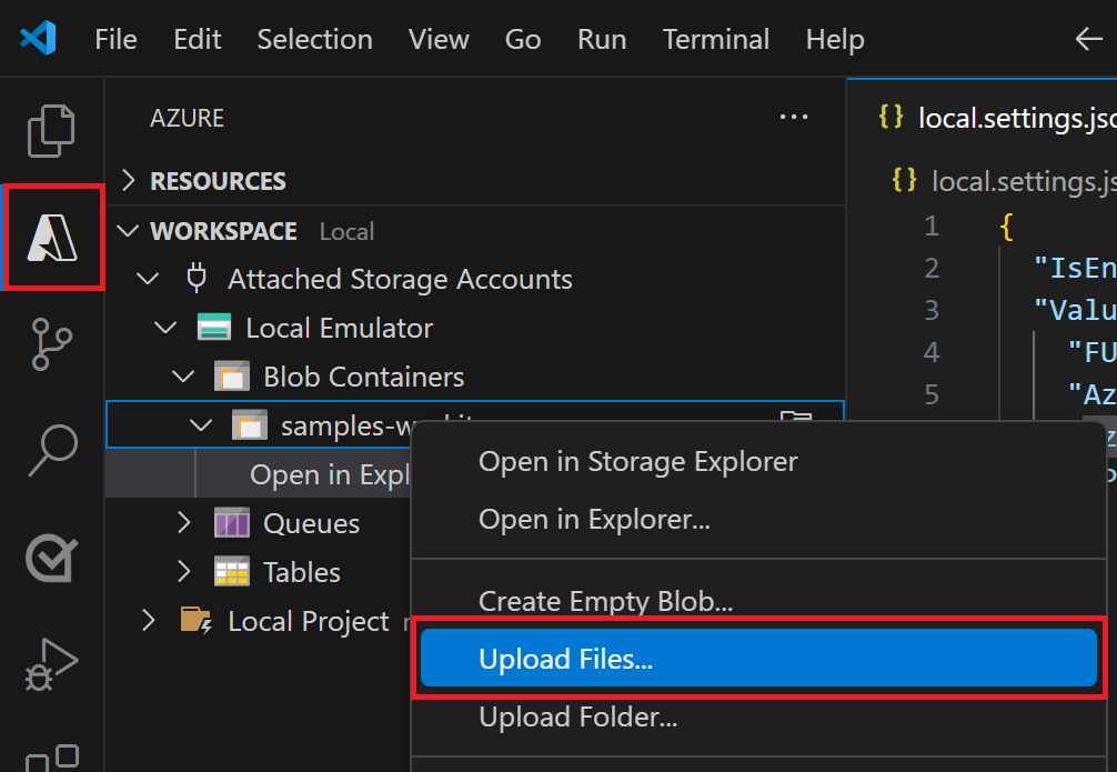 Screenshot, der zeigt, wie Sie die Option „Dateien hochladen&nbsp;…“ im Container samples-workitems in der lokalen Emulation in Visual Studio Code auswählen.