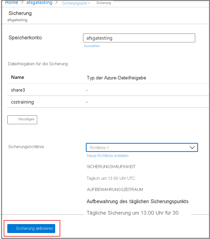 Screenshot der Aktivierung der Sicherung.