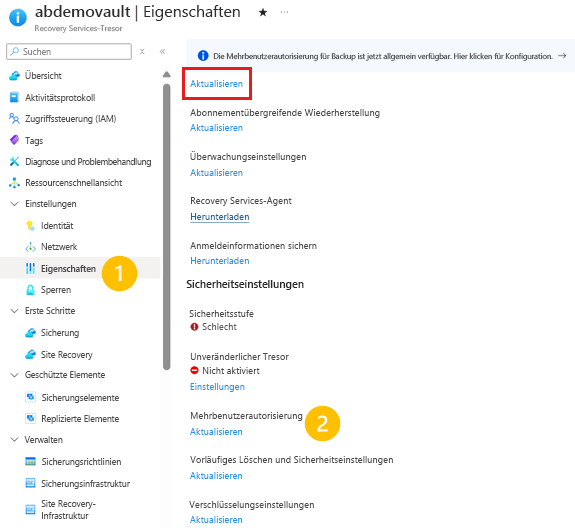 Screenshot: Eigenschaften des Recovery Services-Tresors.