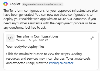 Screenshot von Azure Copilot, der Terraform-Konfigurationen für eine Bereitstellung bereitstellt.