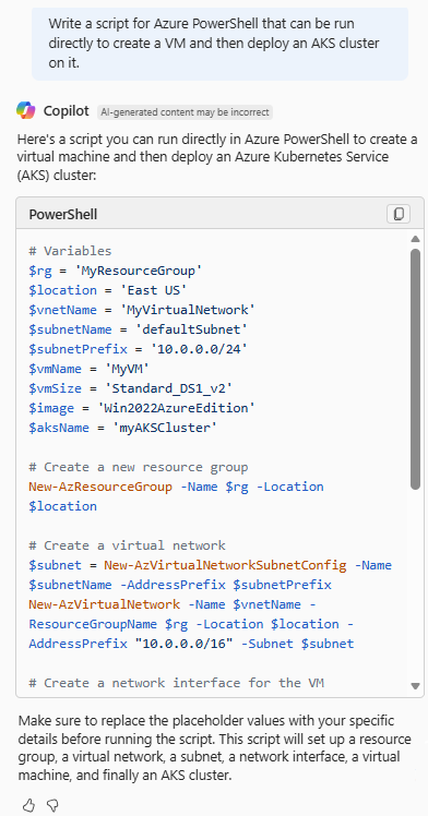 Screenshot von Azure Copilot, das ein PowerShell-Skript bereitstellt, das einen virtuellen Computer erstellt und einen AKS-Cluster bereitstellt.