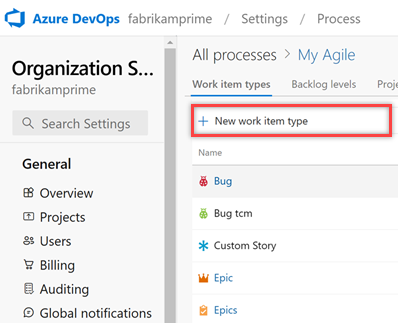 Screenshot zeigt Prozess, Vererbter Prozess, Arbeitsaufgaben-Typen, Add new work item Typ.