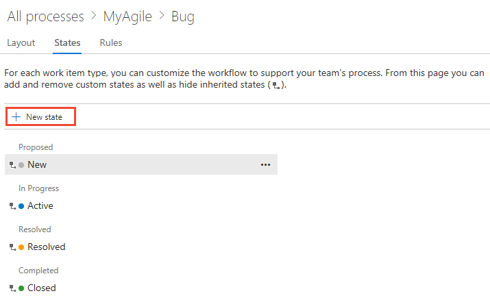 Screenshot der Seite Verarbeiten für einen Fehler mit der Auswahl Neuer Status.