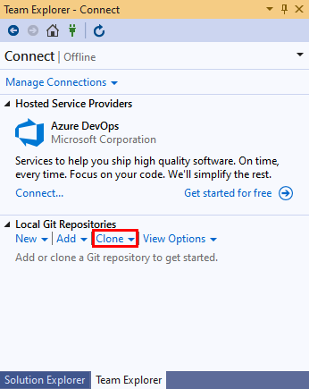 Screenshot: Link „Klonen“ in der Ansicht „Verbinden“ von Team Explorer in Visual Studio&nbsp;2019.