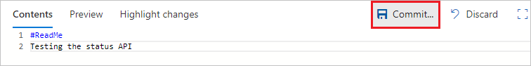 Screenshot zeigt die Bearbeitung der Datei und die ausgewählte Commit-Schaltfläche auf der Symbolleiste.