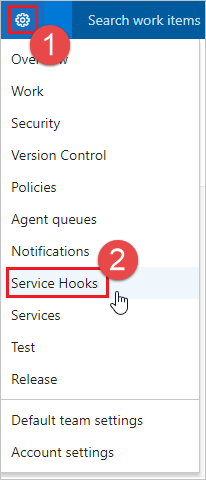 Der Screenshot zeigt die Option „Service Hooks auswählen“ im Administratormenü.