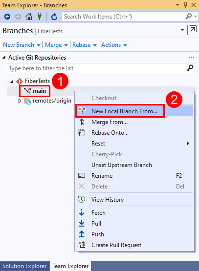 Screenshot: Menüoption „Neuer lokaler Branch von“ im Kontextmenü des Mainbranchs in Visual Studio&nbsp;2019.
