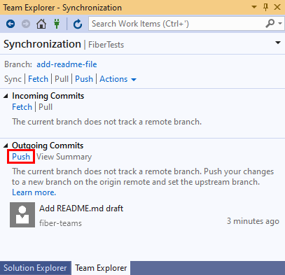 Screenshot: Link „Pushen“ in der Ansicht „Synchronisierung“ von Team Explorer in Visual Studio&nbsp;2019.