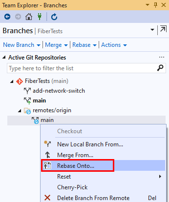 Screenshot: Option „Rebase ausführen auf“ in der Ansicht „Branches“ von Team Explorer in Visual Studio&nbsp;2019