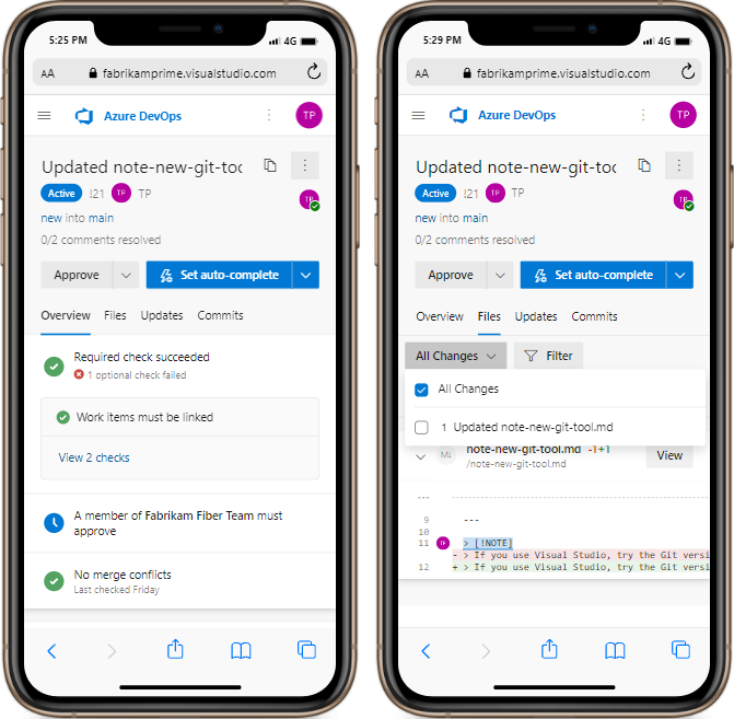 Screenshot der Bildschirme von Azure Repos P R auf einem mobilen Gerät.