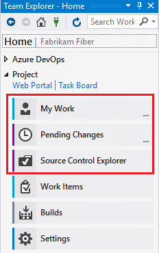 Screenshot der Startseite von Team Explorer für Visual Studio 2019 mit hervorgehobenen Features für die Team Foundation-Versionssteuerung.