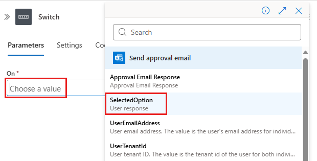 Screenshot der Dynamischen Inhaltsliste mit hervorgehobenem SelectedOption-Wert.
