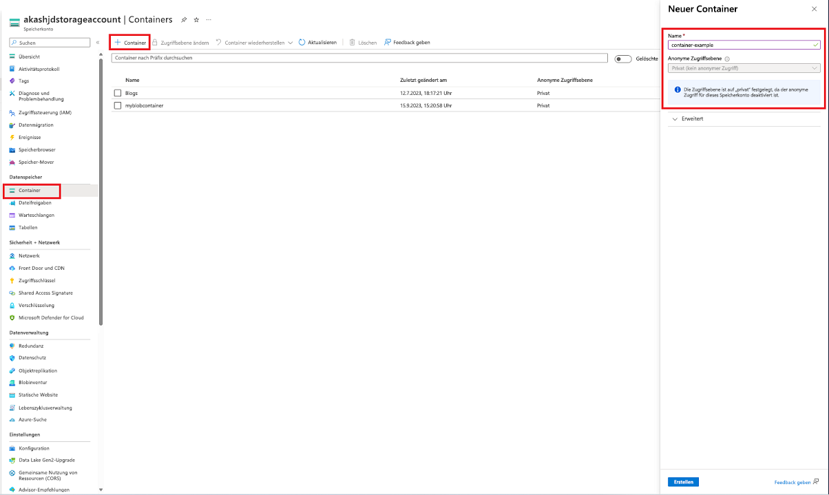 Screenshot, der zeigt, wie ein Container im Azure-Portal erstellt wird.
