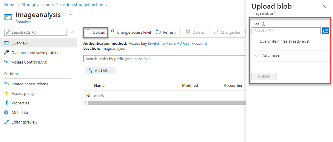Screenshot: Hochladen eines Blobs in einen Speichercontainer.