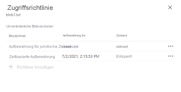 Screenshot: Konfigurierte Aufbewahrungrichtlinie für juristische Zwecke für eine Blobversion
