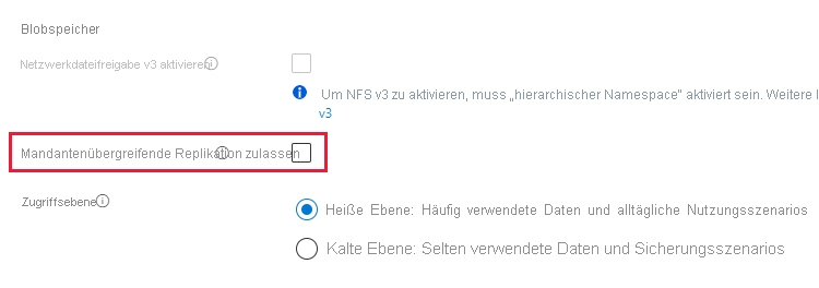 Screenshot, der zeigt, wie die mandantenübergreifende Objektreplikation für ein neues Speicherkonto nicht zulässig ist
