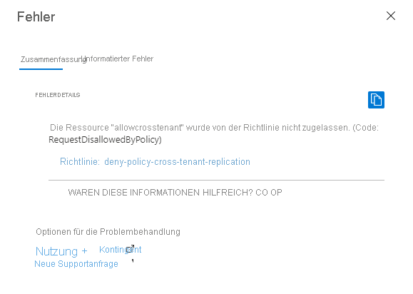 Screenshot mit dem Fehler, der beim Erstellen eines Speicherkontos bei einem Verstoß gegen die Richtlinie auftritt