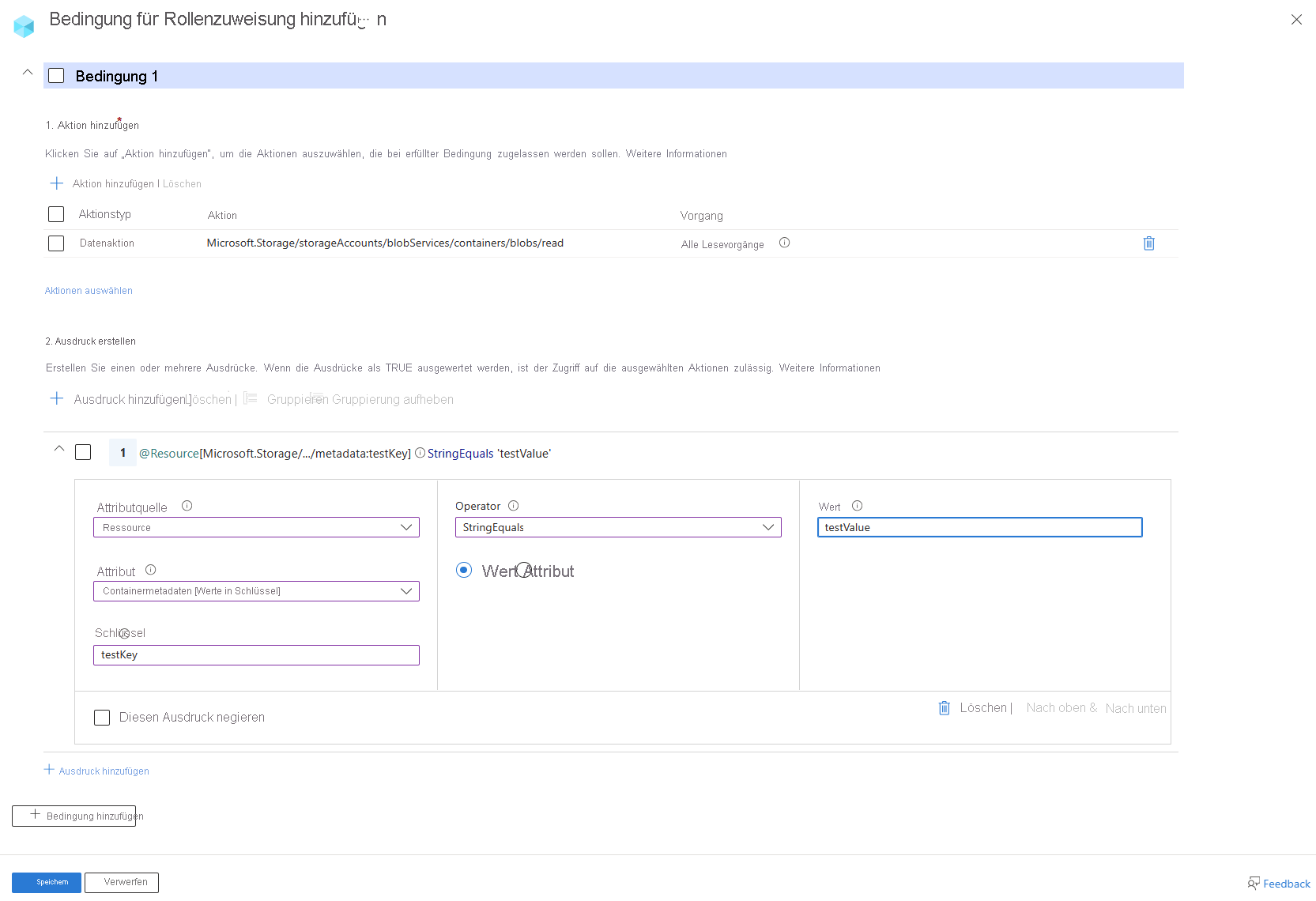 Screenshot des Bedingungseditors im Azure-Portal, der „read blob“ im Container mit bestimmten Metadaten zeigt.