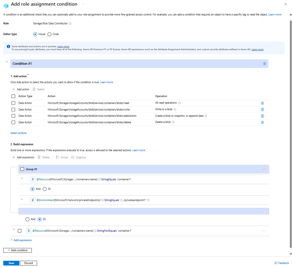 Screenshot des Bedingungs-Editor im Azure-Portal mit „Lesen, Schreiben oder Löschen von Blobs in benannten Containern mit Umgebungsattribut eines privaten Endpunkts“