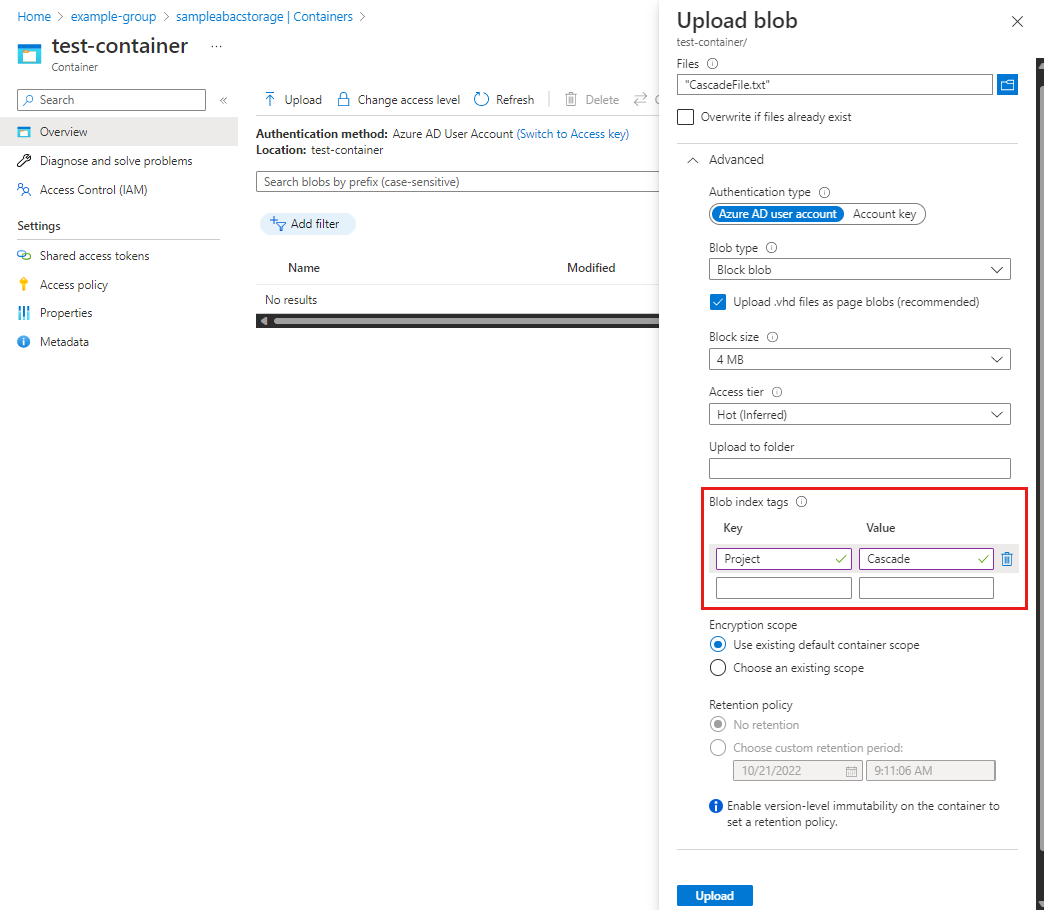 Screenshot zeigt den Bereich „Blob hochladen“ mit dem Abschnitt „Blog index tags“.