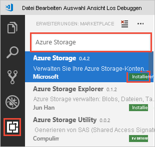 Installieren der Azure Storage-Erweiterung in VS Code