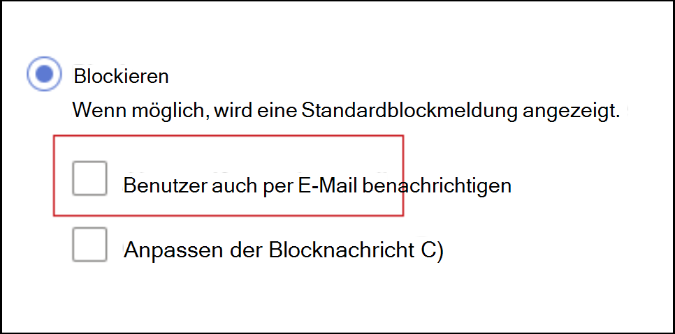 Screenshot: Blockieren der Benachrichtigung von Endbenutzern per E-Mail