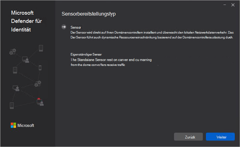 Screenshot der Seite, die den Sensorbereitstellungstyp identifiziert.