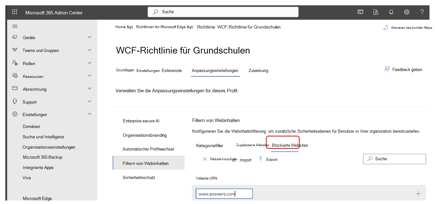 Geben Sie die URL für blockierte Websites in der Webinhaltsfilterung ein.