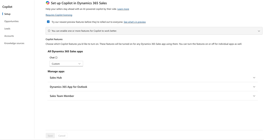 Screenshot der Seite Copilot in Dynamics 365 Sales in Dynamics 365 Vertriebshub einrichten.