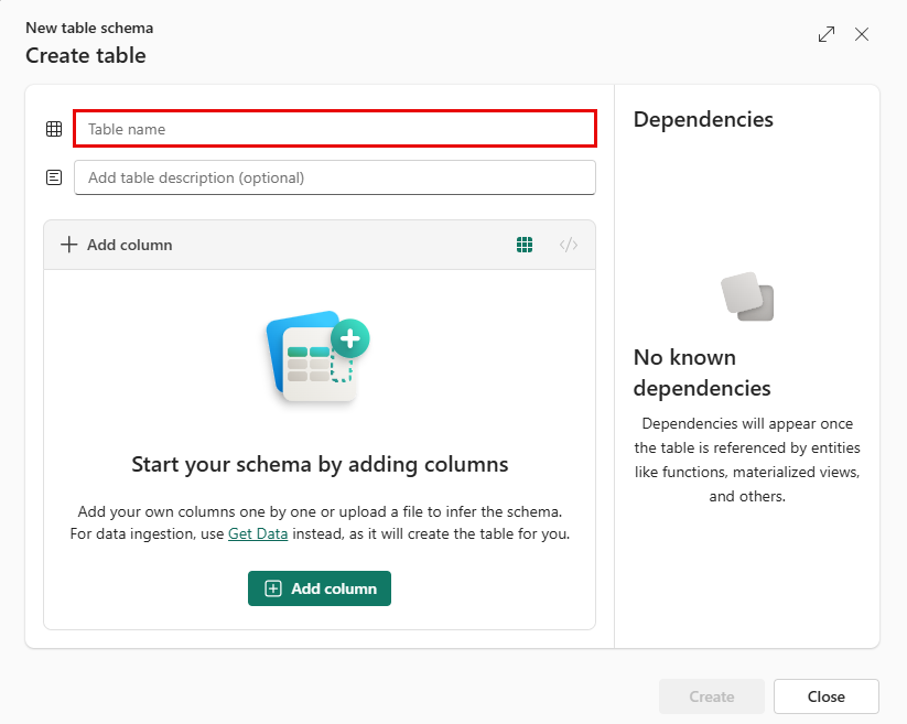 Screenshot des Assistenten für neue Tabellen in Real-Time Intelligence. Der Tabellenname und die Beschreibung sind hervorgehoben.