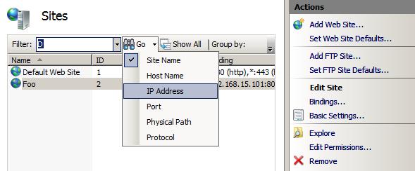 Screenshot eines Teils des IIS-Manager-Bildschirms mit dem Menü 