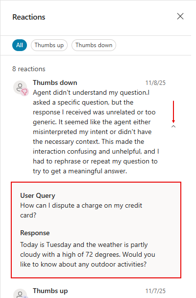 Screenshot des Erweitern-reduzieren-Umschalters im Bereich „Reaktionen“ mit Benutzeranfrage und -antwort.