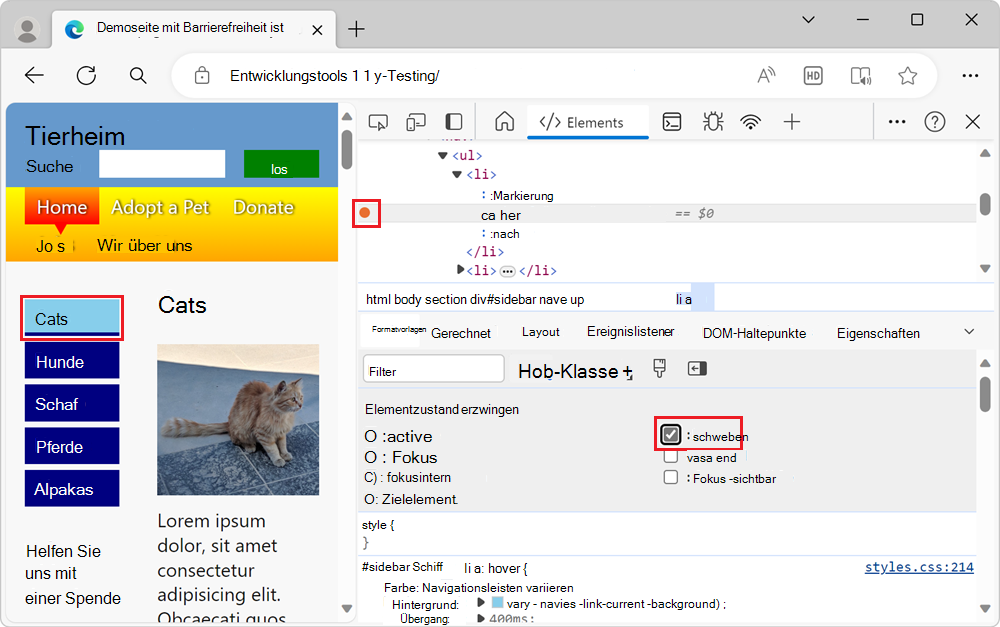DevTools simulieren einen Hoverzustand