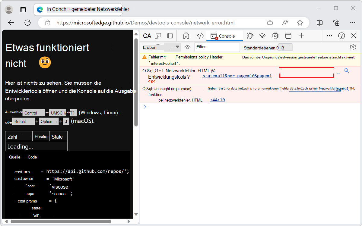 Wählen Sie den Link zur Webseite und codezeile aus, in der der Fehler auftritt, um das Tool Quellen zu öffnen.