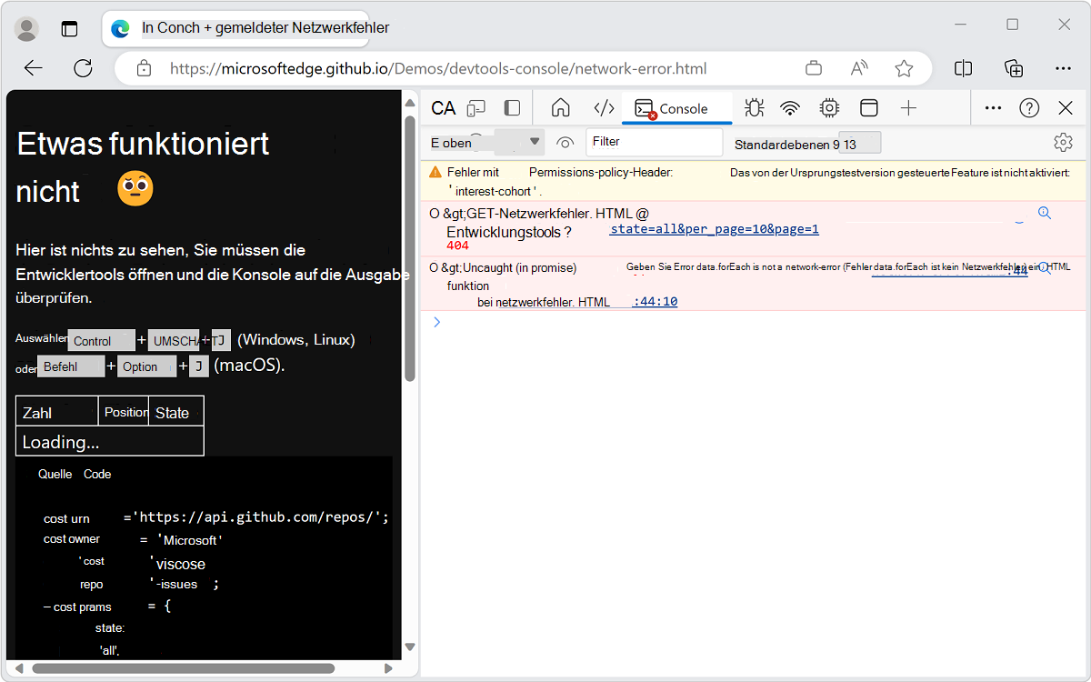 Konsole zeigt einen Netzwerk- und einen JavaScript-Fehler an.