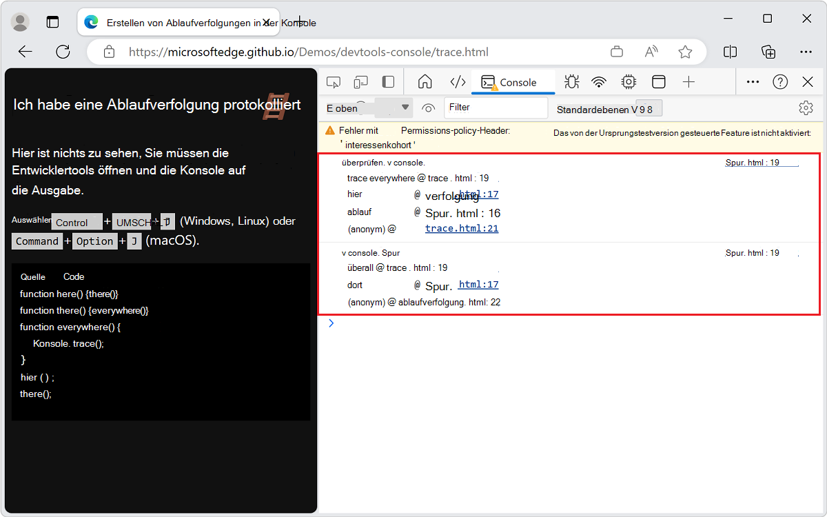 Die Ablaufverfolgung, die in der Konsole angezeigt wird